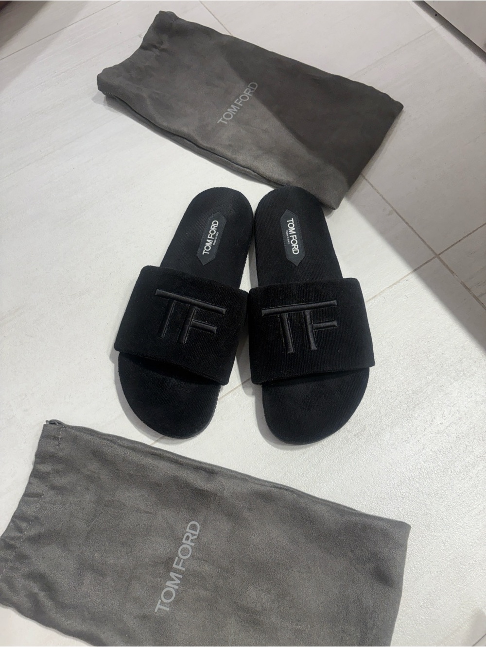 Tom Ford Black Suede TF Logo Slide Sandals
